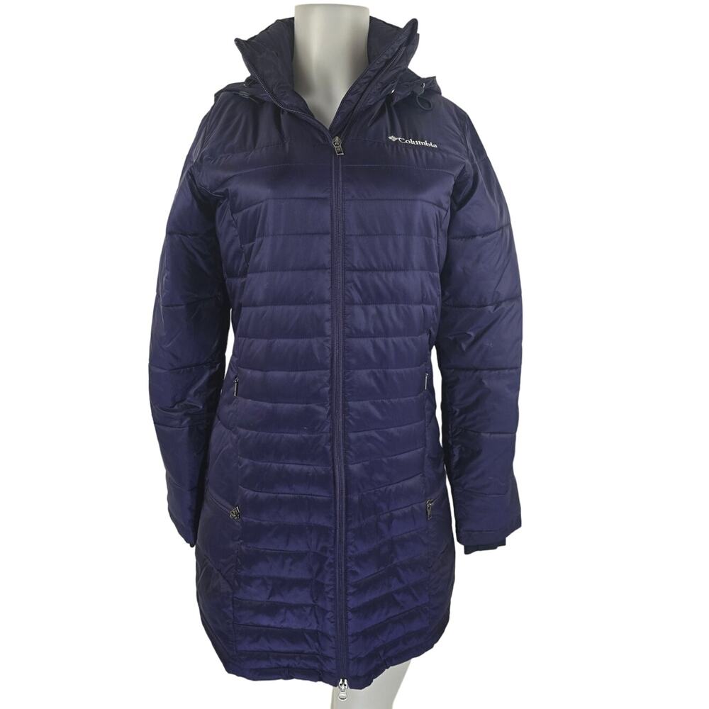 Columbia Puffer Long Line Hooded Full Zip Front Pockets Purple Women's Jacket S